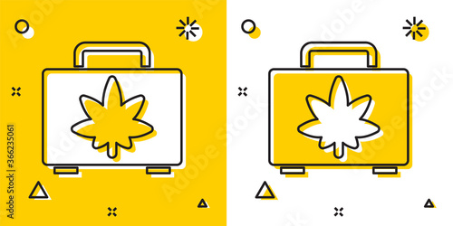 Black Shopping box of medical marijuana or cannabis leaf icon isolated on yellow and white background. Buying cannabis. Hemp symbol. Random dynamic shapes. Vector Illustration.
