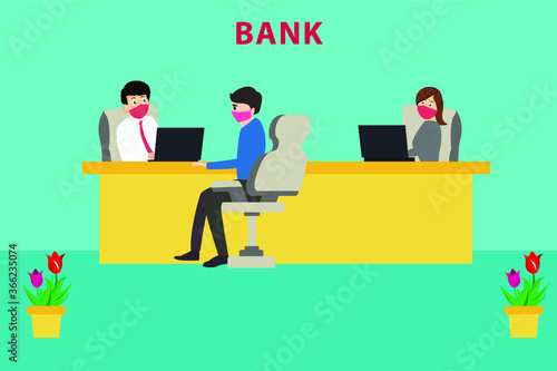 Bank customer service vector concept: customer wearing face mask while consulting to the bank tellers