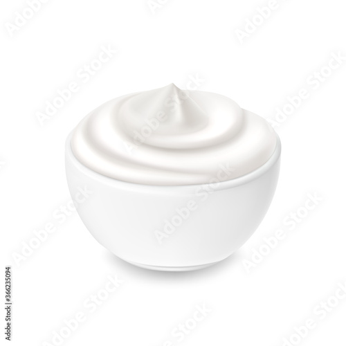 White cream in a bowl, yoghurt, mayonnaise or sour cream, vector dairy products, element for design and packaging.