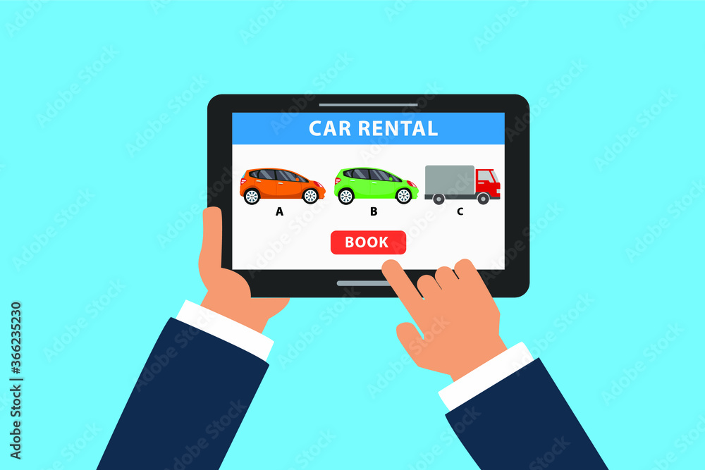Online Car rental vector concept: Hands using a tablet computer for car rent reservation Online Car rental vector concept: Hands using a tablet computer for car rent reservation