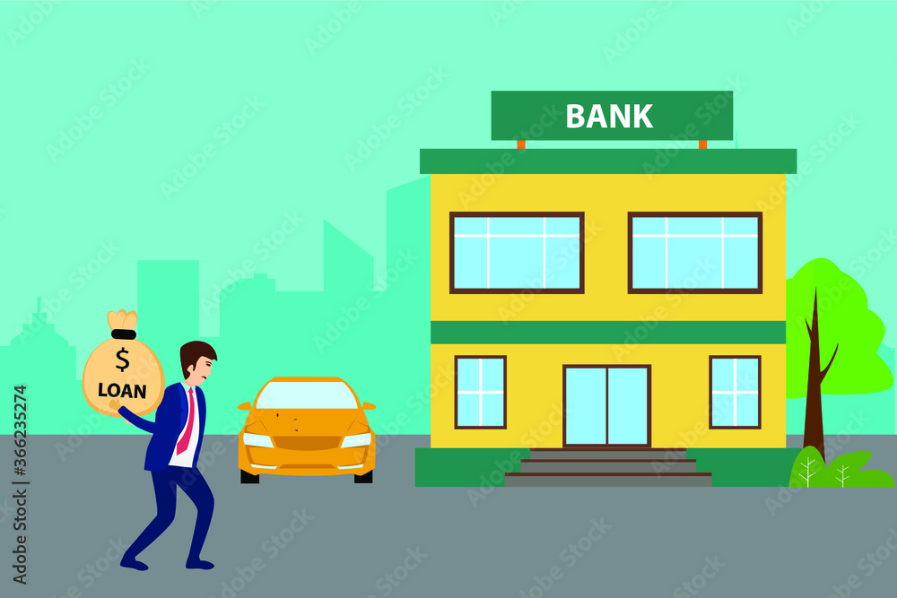 Bank loan vector concept: businessman carrying heavy money bag from the