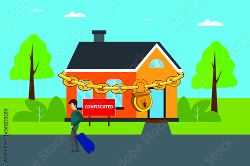 Debt vector concept: man carrying his luggage sadly after his house being confiscated by the bank