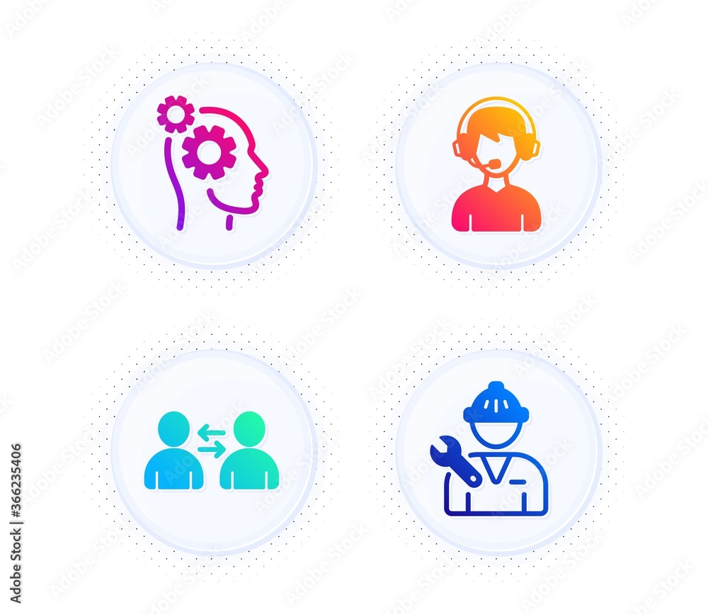 Communication, Consultant and Thoughts icons simple set. Button with halftone dots. Repairman sign. Users talking, Call center, Business work. Repair service. People set. Vector Communication, Consultant and Thoughts icons simple set. Button with halftone dots. Repairman sign. Users talking, Call center, Business work. Repair service. People set. Vector