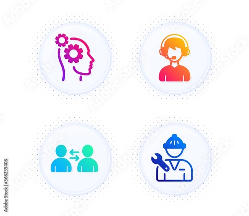 Communication, Consultant and Thoughts icons simple set. Button with halftone dots. Repairman sign. Users talking, Call center, Business work. Repair service. People set. Vector