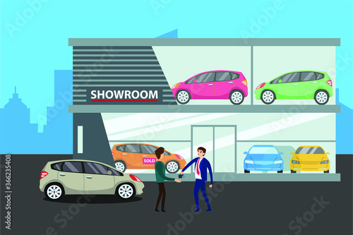 Fototapeta Naklejka Na Ścianę i Meble -  Car showroom vector concept: businessmen shaking hands because of the sedan purchase
