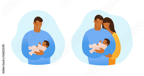 A black man holds a baby in his arms and takes care of him. Concept about family, parenting, single father. Collection of simple flat stock illustrations isolated on white background