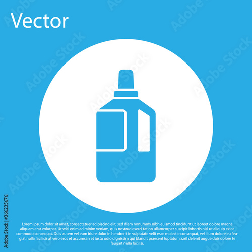 Blue Fabric softener icon isolated on blue background. Liquid laundry detergent, conditioner, cleaning agent, bleach. White circle button. Vector Illustration.