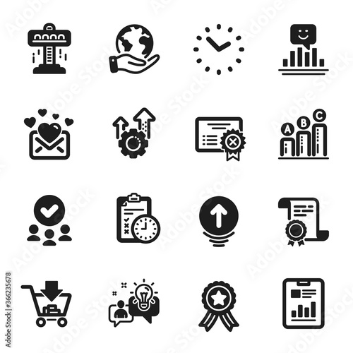 Set of Technology icons, such as Graph chart, Reject certificate. Certificate, approved group, save planet. Attraction, Swipe up, Smile. Love mail, Time, Seo gear. Vector