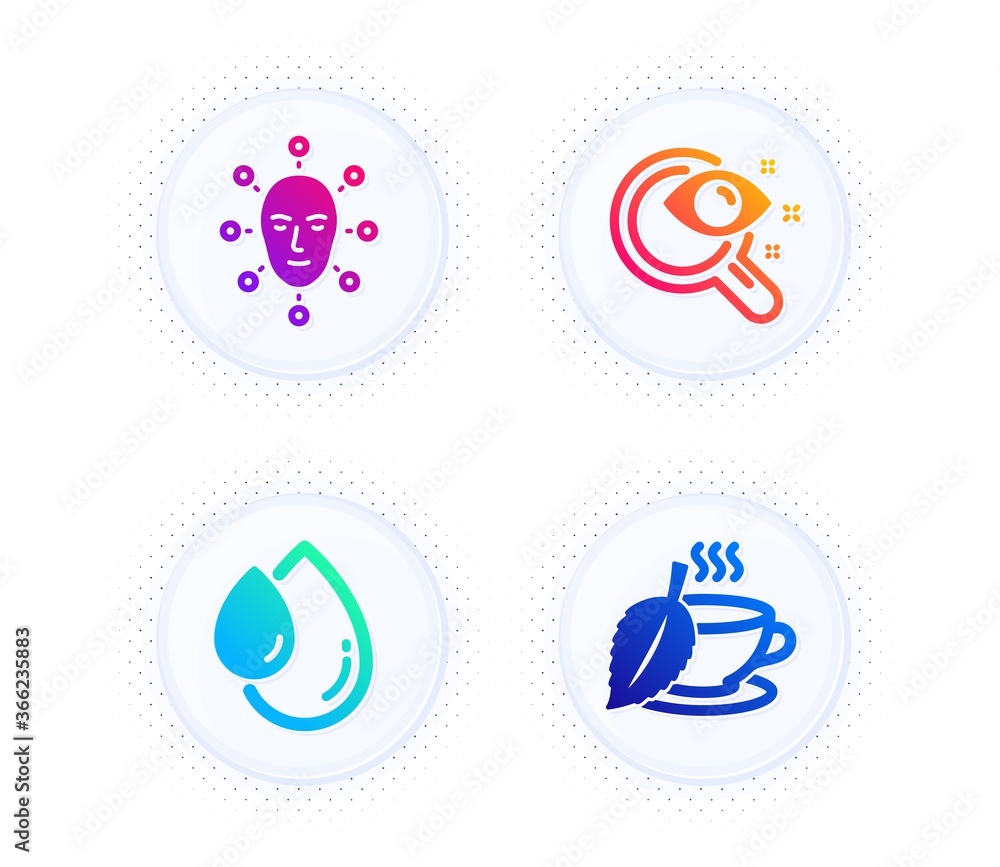Oil drop, Vision test and Face biometrics icons simple set. Button with halftone dots. Mint tea sign. Serum, Eyesight check, Facial recognition. Mentha beverage. Medical set. Vector
