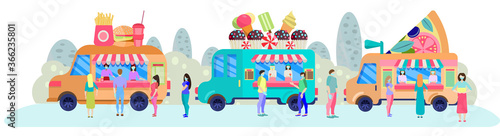 Street food festival. Line at car fast food. Street Food Trucks concept isolated on a white background. Cartoon fast-food cars. Social distance in the queue.Vector illustration in flat style. Banner