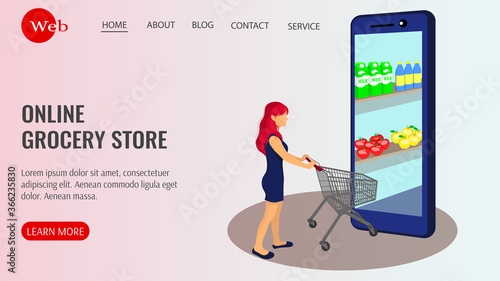Website design for online grocery store. Girl with a grocery trolley entering the phone for groceries. Grocery store, supermarket, food delivery, online shopping concept. Vector illustration. 