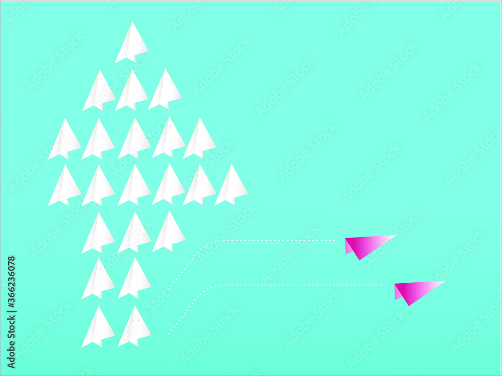 Think Differently vector concept: two red paper planes flying to the new direction separated from the rest Think Differently vector concept: two red paper planes flying to the new direction separated from the rest