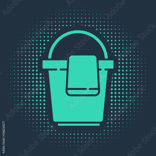 Green Bucket with rag icon isolated on blue background. Cleaning service concept. Abstract circle random dots. Vector Illustration.