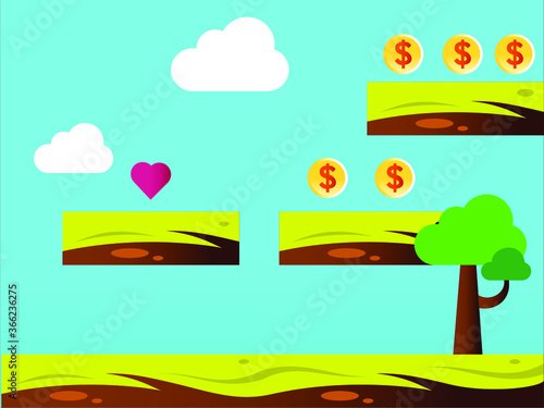 Arcade platform game vector concept: 2D hills with power ups
