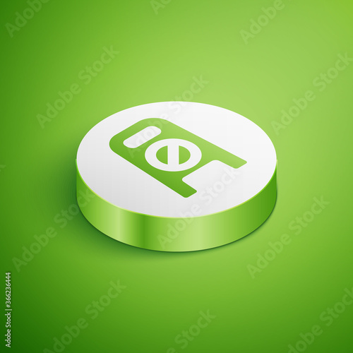 Isometric Wet floor and cleaning in progress icon isolated on green background. Cleaning service concept. White circle button. Vector Illustration.