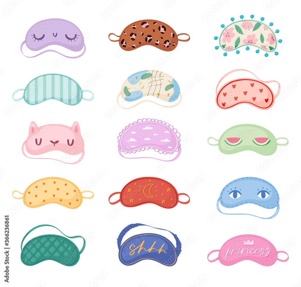 Different sleep masks vector set. Sleeping night eye accessory blindfold relax in traveling illustration. Nighty set of face sleepy protection cartoon asleep isolated on white background. Different sleep masks vector set. Sleeping night eye accessory blindfold relax in traveling illustration. Nighty set of face sleepy protection cartoon asleep isolated on white background.