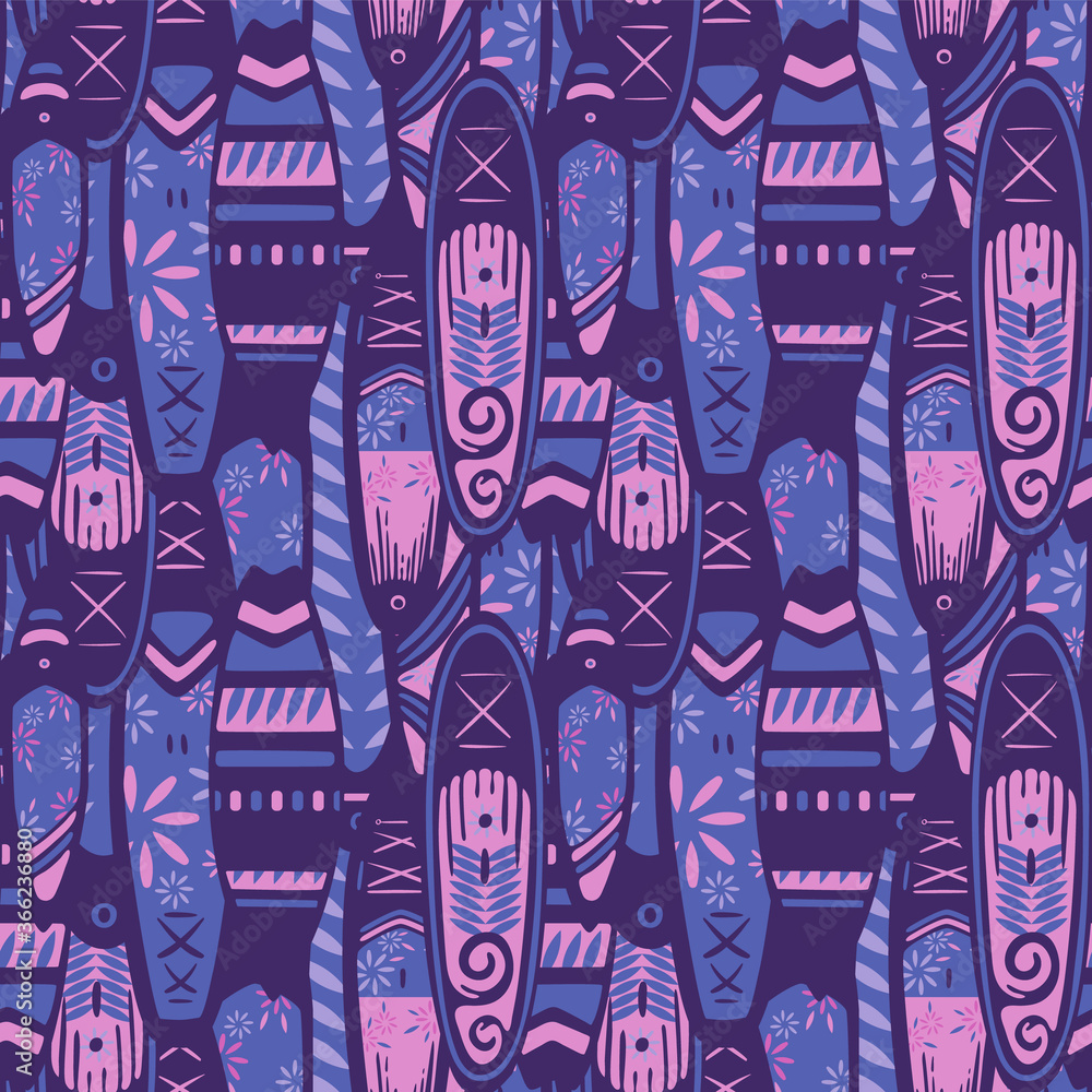 Stand Up Paddle Boarding SUP surfing elements cute seamless pattern vector illustration with supboards. Surfing boats in violet and pink shades