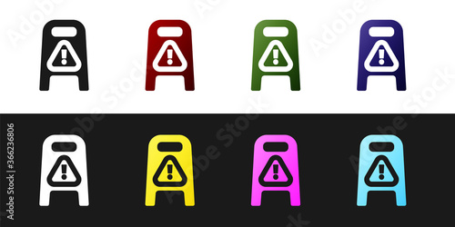 Set Wet floor and cleaning in progress icon isolated on black and white background. Cleaning service concept. Vector Illustration.