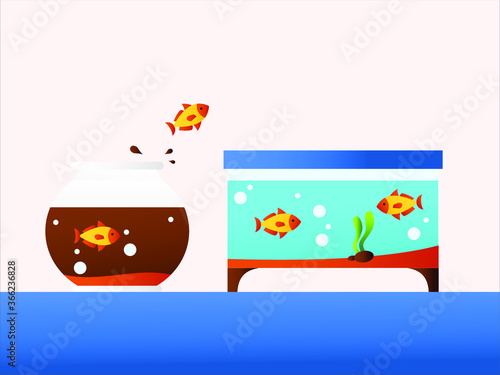 New Normal vector concept: goldfish jumping fromdirty aquarium to another clean one