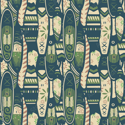 Stand Up Paddle Boarding SUP surfing elements cute seamless pattern vector illustration with supboards. Surfing boats in green and beige shades