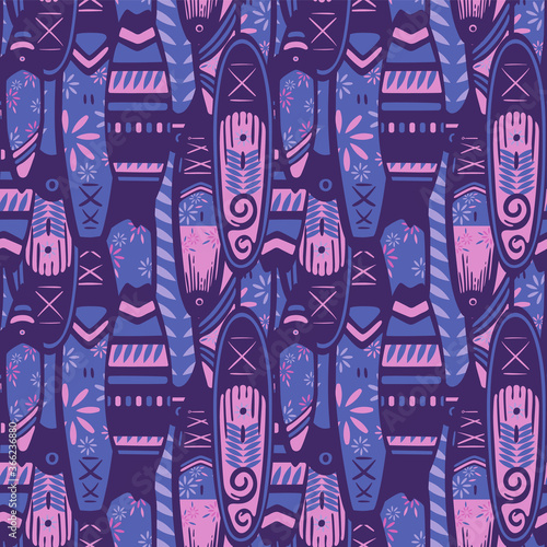 Stand Up Paddle Boarding SUP surfing elements cute seamless pattern vector illustration with supboards. Surfing boats in violet and pink shades