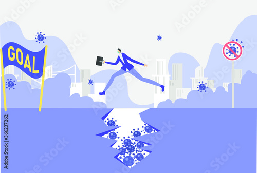 Business goal during Covid-19 pandemic vector concept: businessman jumping over a pot hole on the road filled with coronavirus