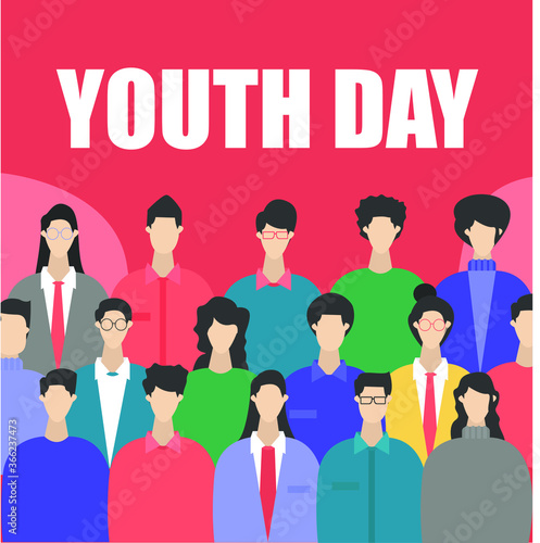 Youth Day vector concept: Large group of multi ethnic people standing below the youth day word