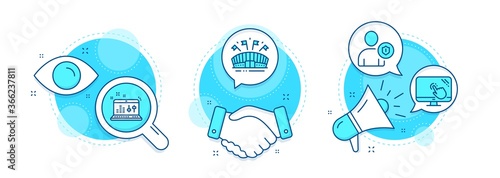 Sound check, Sports arena and Security line icons set. Handshake deal, research and promotion complex icons. Touch screen sign. Dj controller, Event stadium, Person protection. Web support. Vector