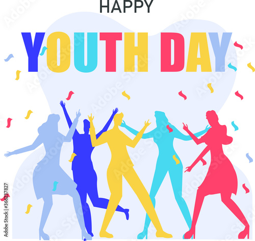 Youth Day vector concept: colorful silhouette of people dancing under falling trifles