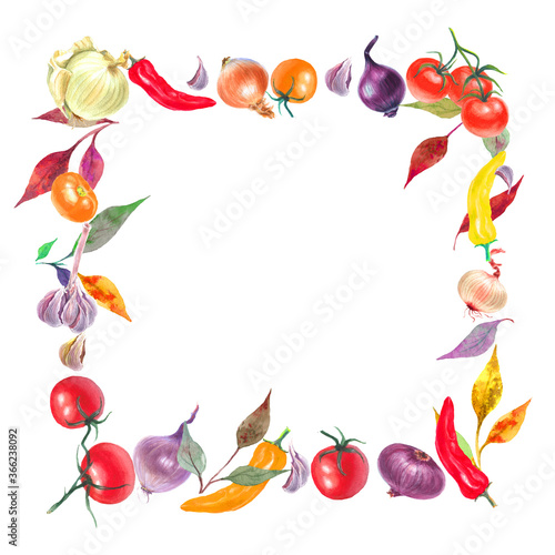Watercolor colorful frame with fresh ripe vegetables. White backgroun.