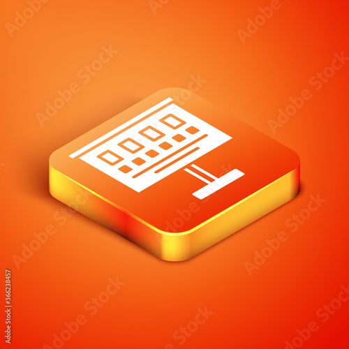 Isometric Eye test chart icon isolated on orange background. Poster for vision testing in ophthalmic study. Snellen chart. Vector Illustration.