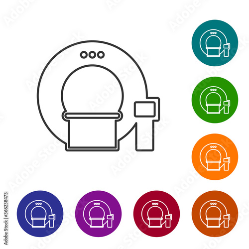 Black line Tomography icon isolated on white background. Medical scanner, radiation. Diagnosis, radiology, magnetic resonance therapy. Set icons in color circle buttons. Vector Illustration.