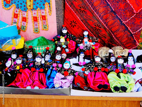 Close up of Turkish traditional folkloric dolls, famous handmade souvenir and gift for tourists. photo