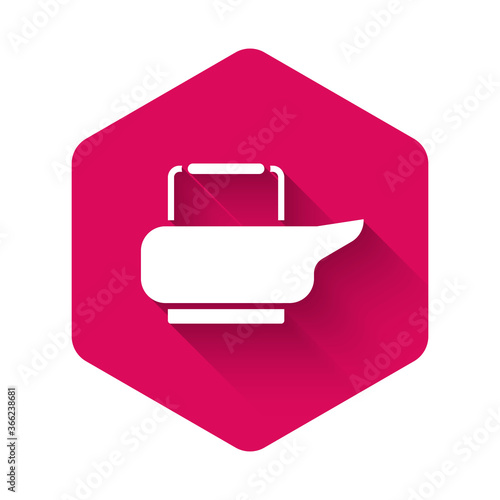 White Bedpan icon isolated with long shadow. Toilet for bedridden patients. Pink hexagon button. Vector Illustration.