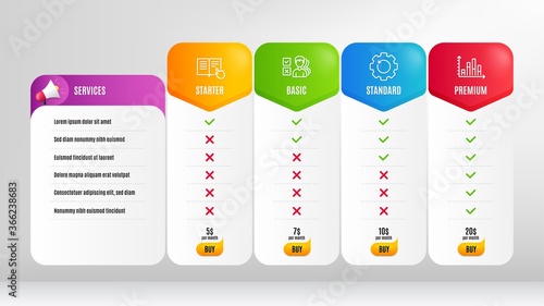 Read instruction, Diagram graph and Recovery gear line icons set. Pricing table, price list. Opinion sign. Opened book, Presentation chart, Backup info. Choose answer. Education set. Vector