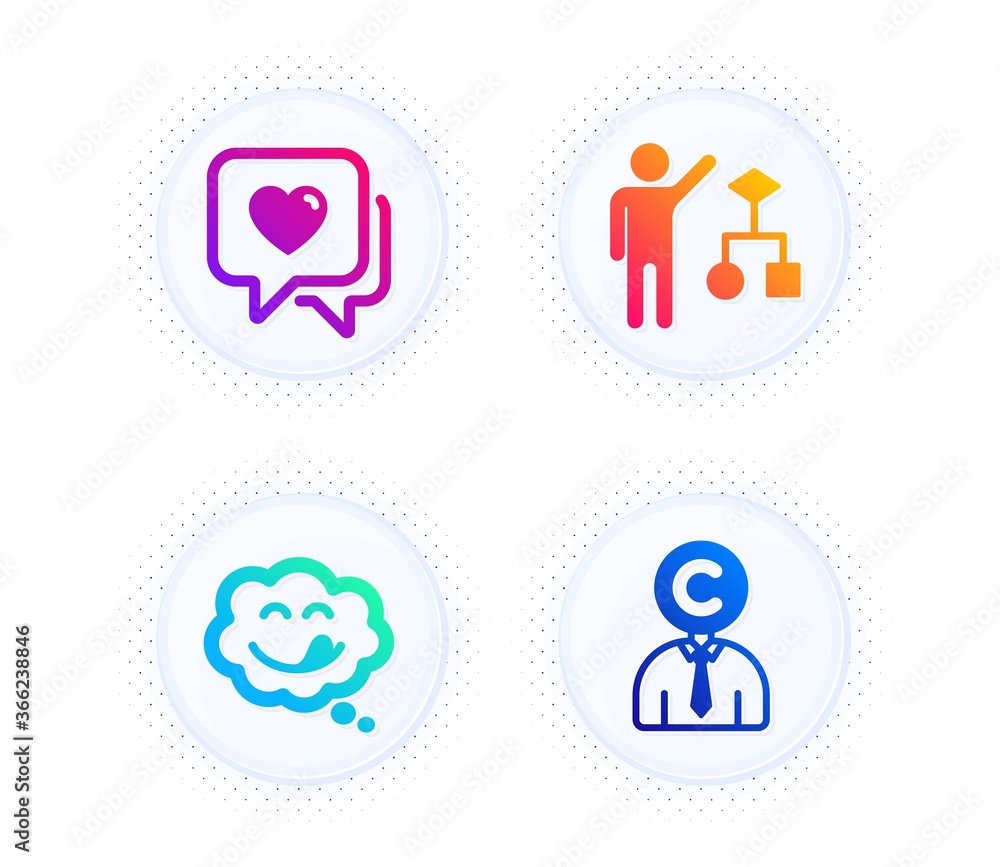 Yummy smile, Heart and Algorithm icons simple set. Button with halftone dots. Copyrighter sign. Comic chat, Love chat, Developers job. Writer person. People set. Gradient flat yummy smile icon. Vector Yummy smile, Heart and Algorithm icons simple set. Button with halftone dots. Copyrighter sign. Comic chat, Love chat, Developers job. Writer person. People set. Gradient flat yummy smile icon. Vector