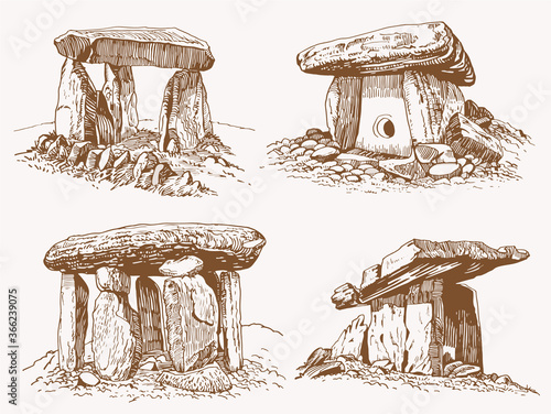 Graphical set of dolmens, vector vintage illustration, menhir
