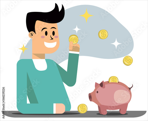Money investing. Successful man saving golden coins in pink piggybank to invest them later.