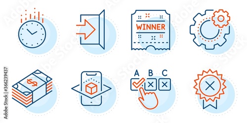 Correct checkbox, Exit and Reject medal signs. Cogwheel, Winner ticket and Usd currency line icons set. Time, Augmented reality symbols. Engineering tool, Carousels award. Business set. Vector