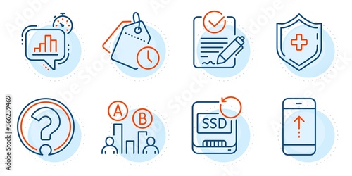 Recovery ssd, Swipe up and Rfp signs. Question mark, Statistics timer and Medical shield line icons set. Ab testing, Time management symbols. Ask support, Growth chart. Science set. Vector