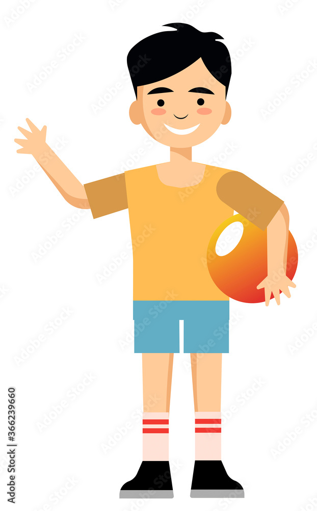 Little boy in sport summer outfit waving hi and holding a ball over white background. Little boy in sport summer outfit waving hi and holding a ball over white background.