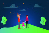 Family quality time vector concept: Family sanding in the middle of green hills while staring at the starry skies together