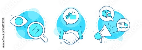 Opened gift, Energy and Truck delivery line icons set. Handshake deal, research and promotion complex icons. Search package sign. Present box, Thunderbolt, Express service. Tracking service. Vector