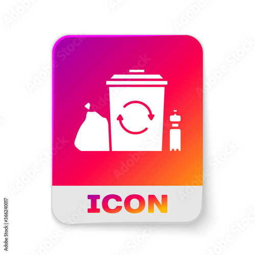 White Recycle bin with recycle symbol icon isolated on white background. Trash can icon. Garbage bin sign. Recycle basket. Rectangle color button. Vector Illustration.