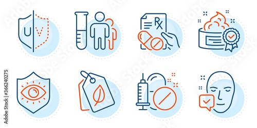 Medical drugs, Medical analyzes and Prescription drugs signs. Uv protection, Bio tags and Face accepted line icons set. Eye protection, Cream symbols. Ultraviolet, Leaf. Healthcare set. Vector