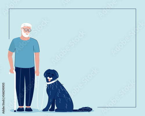 Frame with an old man and a guide dog. Portuguese aquatic dog with his master. Happy pet and dog handler. Flat vector illustration.