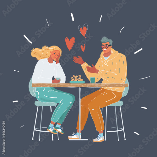 Vector illustration of man and woman sitting at the table. Bad date, unrequited love, stalking, harassment concepton dark background.
