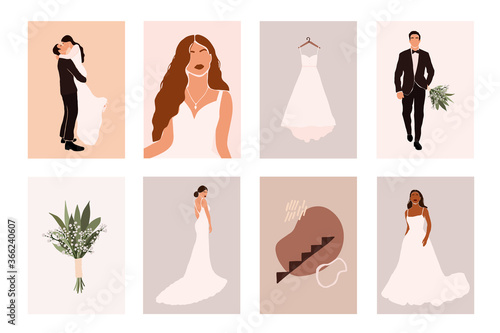 Abstract wedding couple groom and bride, woman portraits, bouquets holiday cards isolated. Fashion minimal trendy people in cartoon flat style. Trendy poster wall print decor vector illustration