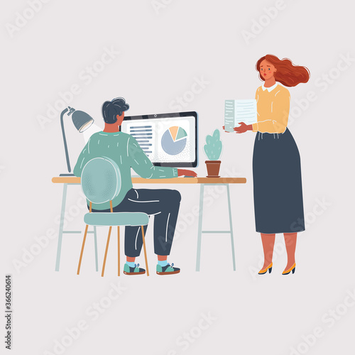Vector illustration of office people working on white background. Man and woman character.