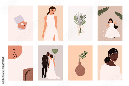 Abstract wedding couple groom and bride, woman portraits, bouquets holiday cards isolated. Fashion minimal trendy people in cartoon flat style. Trendy poster wall print decor vector illustration